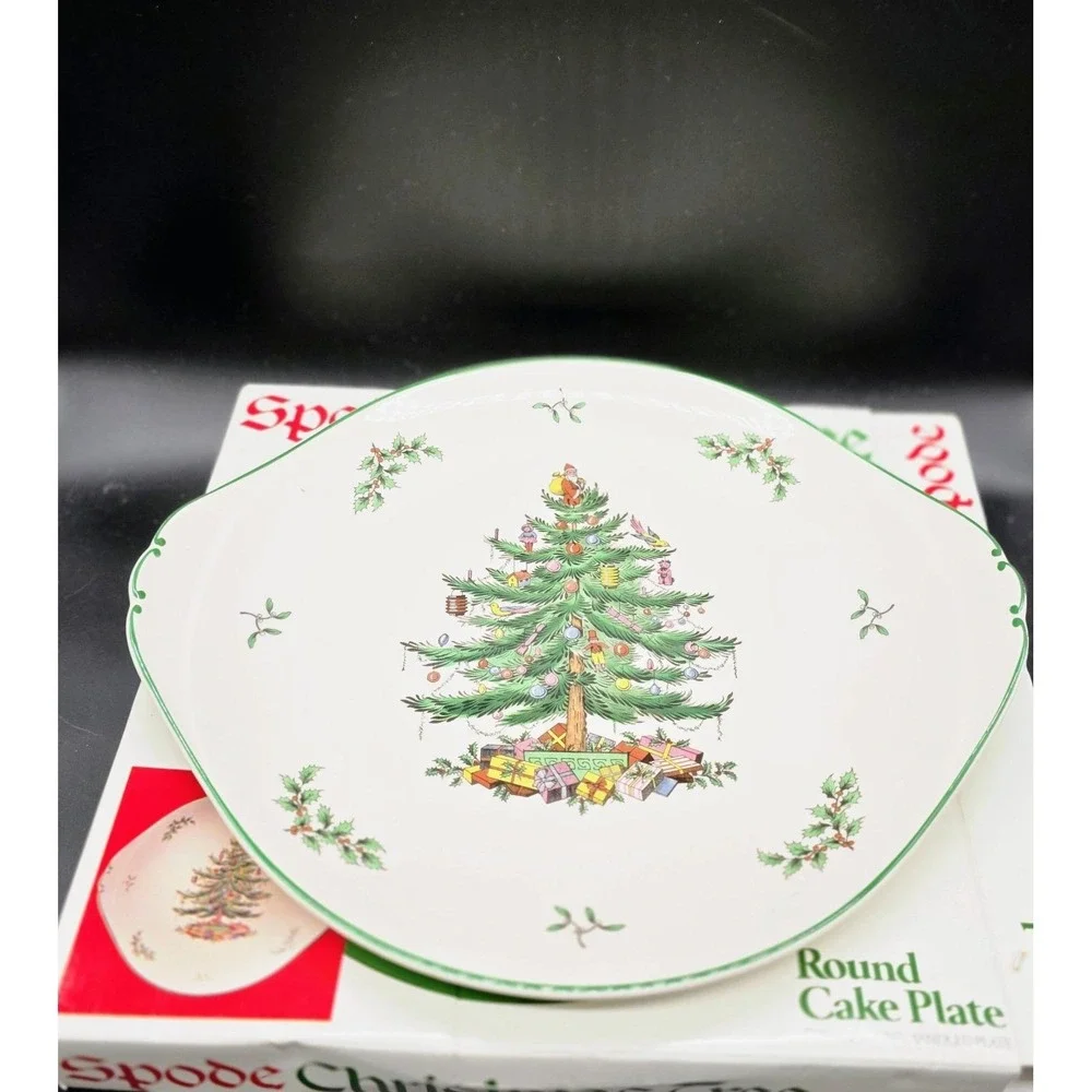 Vintage Spode Christmas Tree Round Cake Plate Serving Santa Claus Handles Box